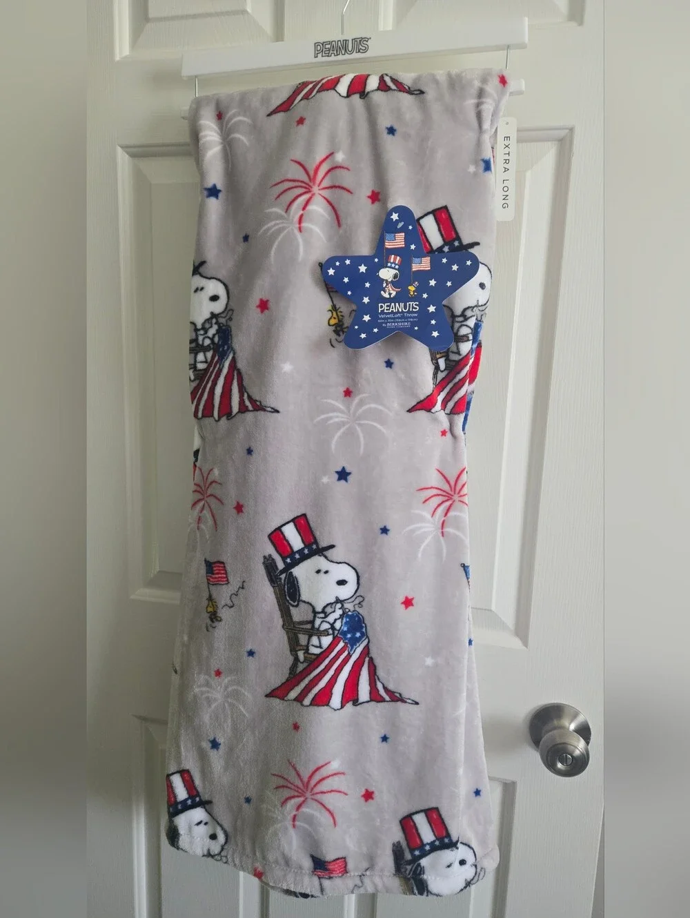 Peanuts Plush Throw Blanket - Grey, Blue, Red, White, Patriotic Usa Flag